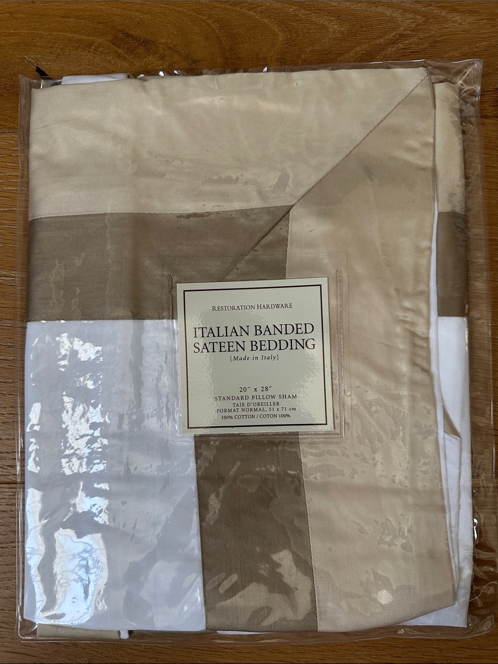 Restoration Hardware Neutral Banded Sateen Pillow Sham - Beige, White